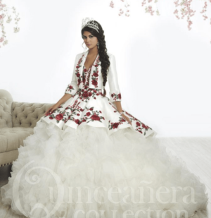 A woman in a Quinceañera dress sitting on a couch