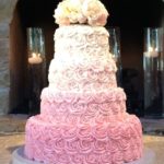Quinceanera cake, a pink and white Quinceanera cake sitting on top of a table