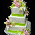 A Quinceanera cake with three tiers, decorated with flowers on top