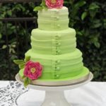 A Quinceanera cake, a green cake with pink flowers on top
