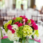 A vibrant flower bouquet in a vase filled with pink and green flowers, perfect for a Quinceanera celebration