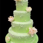 Quinceanera cake, a three tiered cake with flowers on top, color green