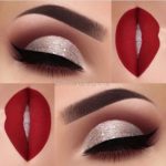 A collage of photos of different red glitter Quinceanera makeup looks