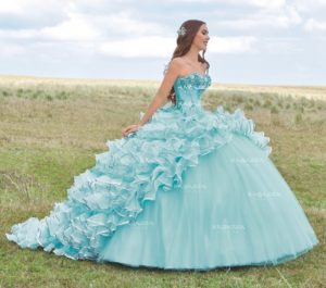 A woman in a blue Quinceañera gown standing in a field