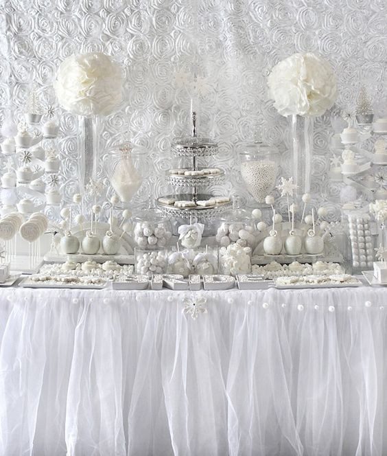 Quinceanera theme: A room filled with lots of tables covered in paper butterflies. The white quince theme brings to mind a bridal shower.