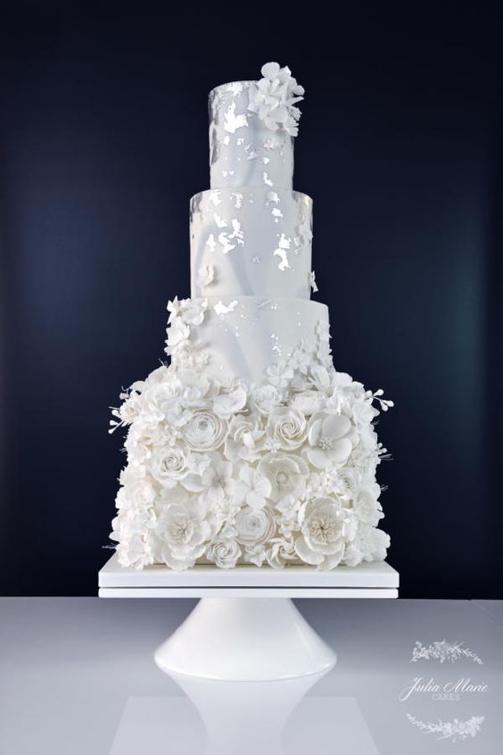 Quinceanera cake, a white cake with white flowers on top