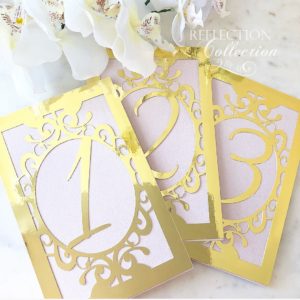 A close up of a card with a number on it on a Quinceanera table