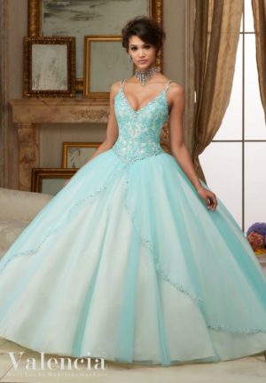 Quinceanera dresses in green and blue and white ball gown
