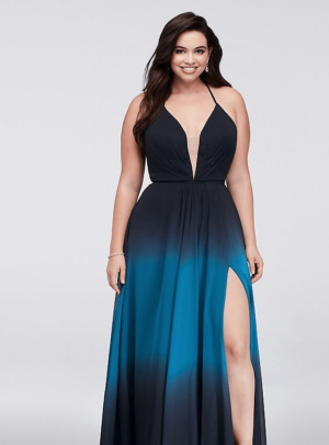 A woman in a black and blue ombred cocktail dress for Quinceanera