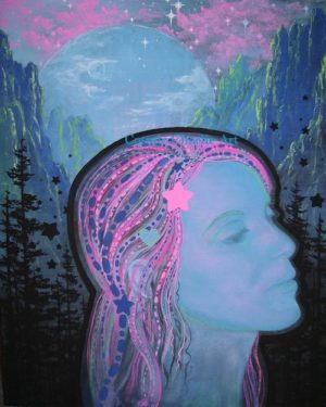 A Quinceanera painting of a woman with pink hair