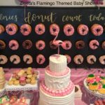 A Quinceanera-themed image featuring a table topped with a white cake covered in frosting and a decorative doughnut wall