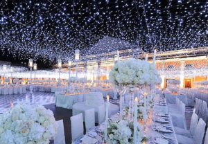 Quinceanera design, a reception set up with white flowers and candles