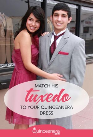 A man and a woman posing for a picture in Quinceanera attire, wearing a Quinceanera gown and tuxedo.