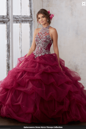 Different types of Quinceañera dresses, featuring a woman in a red dress posing for a picture