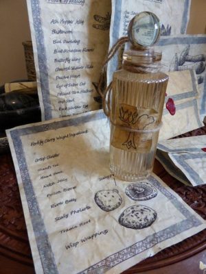 A glass bottle of perfume from The Elder Scrolls V: Skyrim, sitting on top of a table