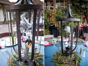 Two pictures of a Quinceanera table centrepiece with a lantern on it