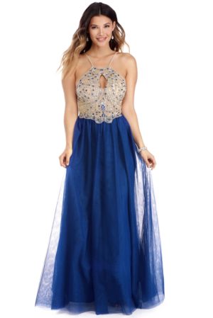 Quinceañera dresses: a woman in a long blue dress