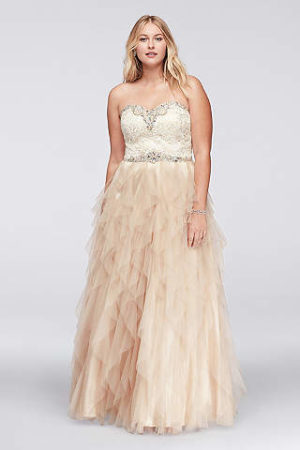 A Quinceanera gown dress, featuring a plus size bridesmaid in a strapless dress