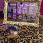 A Quinceanera-themed image of a woman reflected in a mirror surrounded by material inner design.