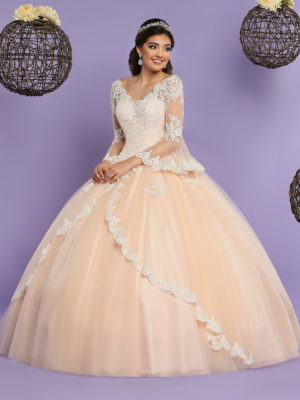 A woman in a Quinceanera ball gown posing for a picture, wearing a q by davinci Prom dress
