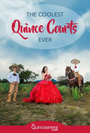 Poster for a Quinceanera event featuring a couple in a red dress standing next to a horse