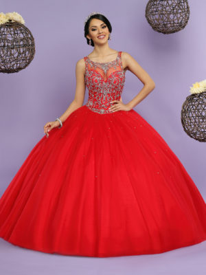 A woman in a red ball gown posing for a picture in gown Quinceañera dresses