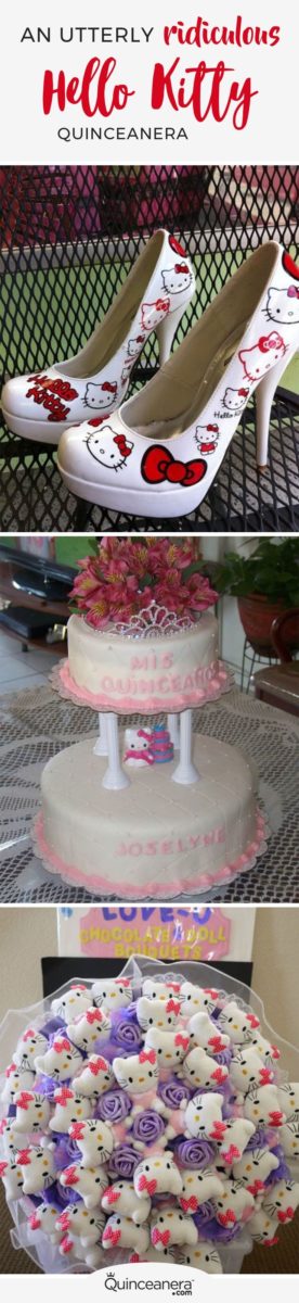 A Quinceañera cake with hello kitty shoes on top of it