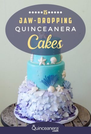 Quinceanera cake, a blue and white cake with a Little Mermaid theme on a wooden table