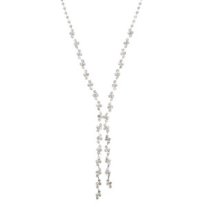 A Quinceanera necklace and earring set featuring a long necklace with a flower design