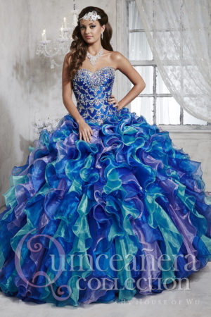 Quinceañera dresses, a woman in a blue and green dress, summer colors