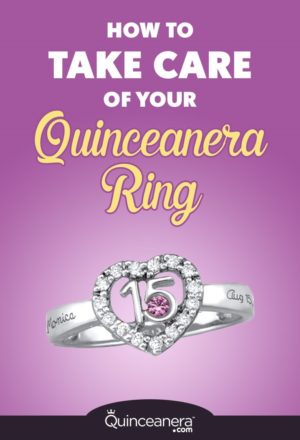 A Quinceanera ring with the words 'how to take care of your Quinceanera ring'.