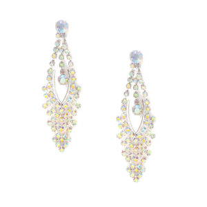A pair of Quinceanera earrings with crystals on a white background