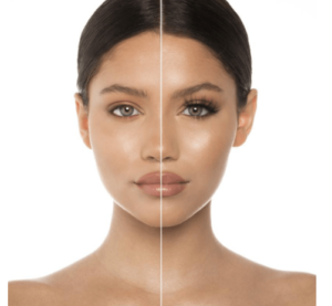 A Quinceanera woman wearing Lilly Lashes called Opulence. The image shows her face before and after retouching.