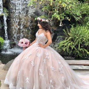 Puffy champagne Quinceañera dresses, a woman in a Quinceañera dress standing in front of a waterfall