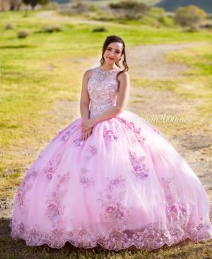 A woman in a pink Quinceañera dress sitting in a field of summer Quinceanera dresses