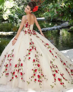 Quinceañera dresses, a woman wearing a white dress with red flowers, perfect for a summer quinceanera