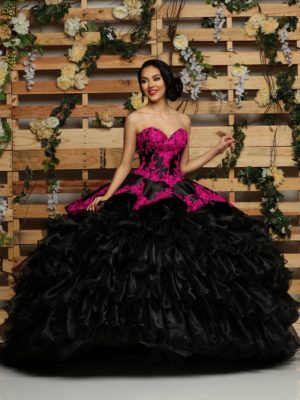 Gown Quinceañera dresses, a woman in a black and pink dress posing for a picture