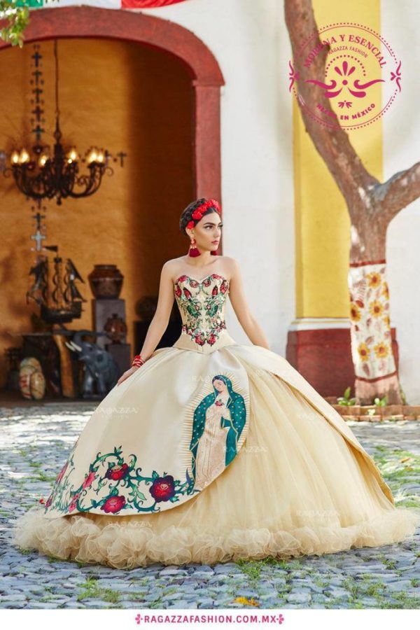 Quinceañera dresses, a woman in a Quinceanera dress standing in front of a tree