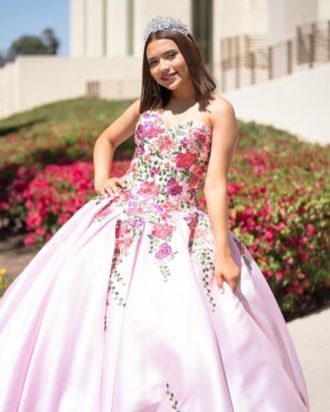 Quinceanera, a young girl in a pink gown posing for a picture