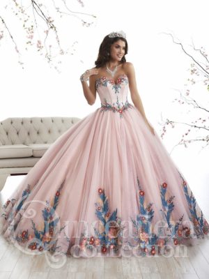 A woman in a pink ball gown posing for a picture, wearing Quinceañera dresses with mariposas