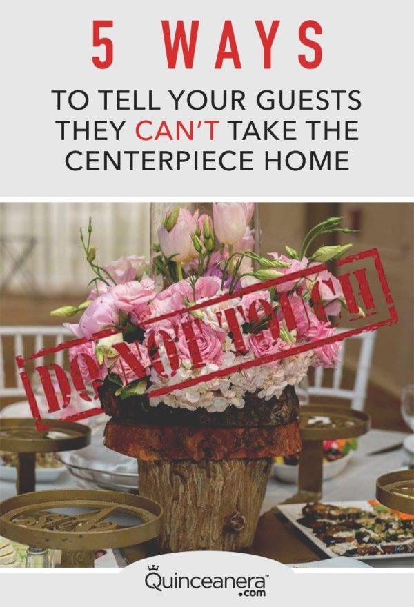 A Quinceanera-themed table with flowers and a red stamp that says '5 ways to tell your guests'