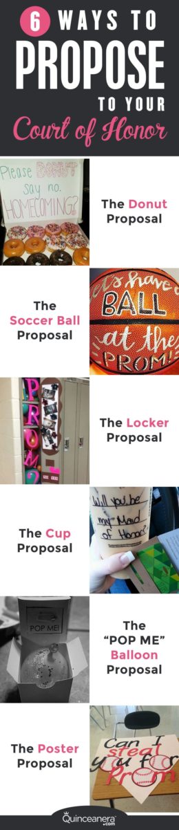 A Quinceañera collage featuring various photos with the words 'Ask someone to be in your Quince' and '8 ways to propose a court of honor'