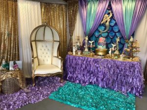 The image shows an interior design Quinceañera, which is a purple and blue mermaid themed party.