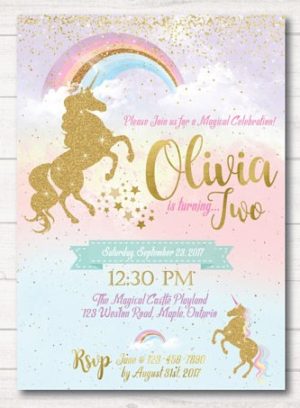 A Quinceanera party with a unicorn theme. The invitation features gold glitter and a rainbow.