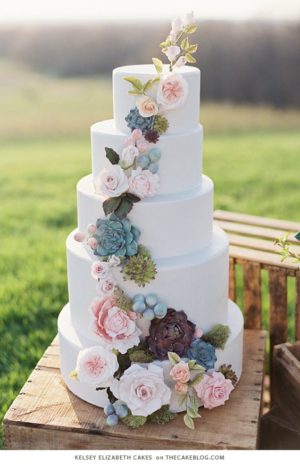 A Quinceanera cake, featuring a spring flower design with pink and blue flowers on a white background