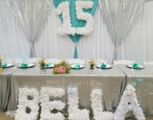 A Quinceanera-themed table with a number 15 on it