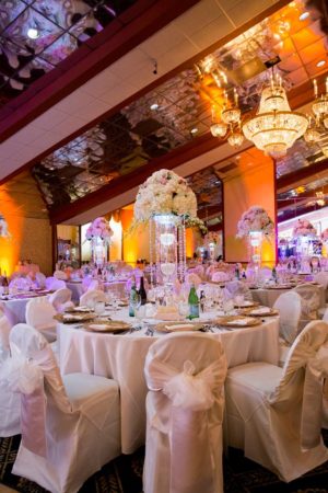 Quinceanera reception, a banquet room set up for a formal event