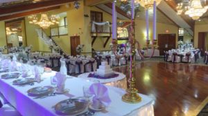 A Quinceanera banquet hall with tables