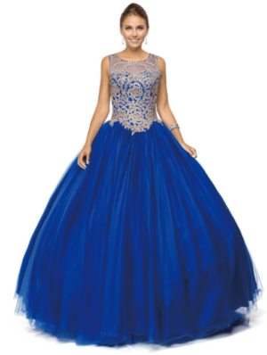 A woman in a blue Quinceanera ball gown