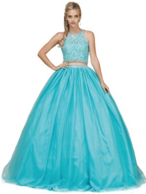 Quinceanera gown, a woman in a blue dress posing for a picture